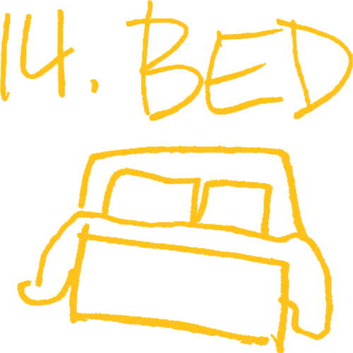 Yellow sketch of a bed with two pillows and a blanket, set against a white background.