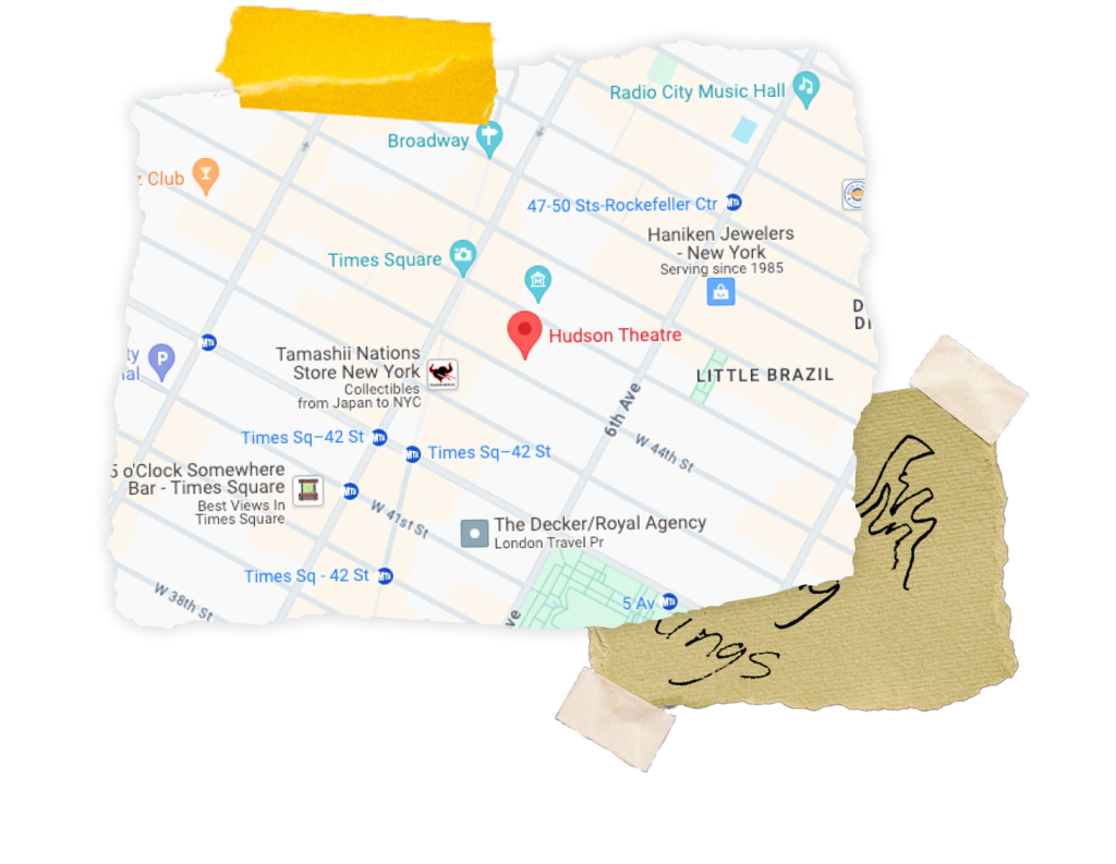 Map highlighting Hudson Theatre in New York, with a textured paper border and handwritten notes.